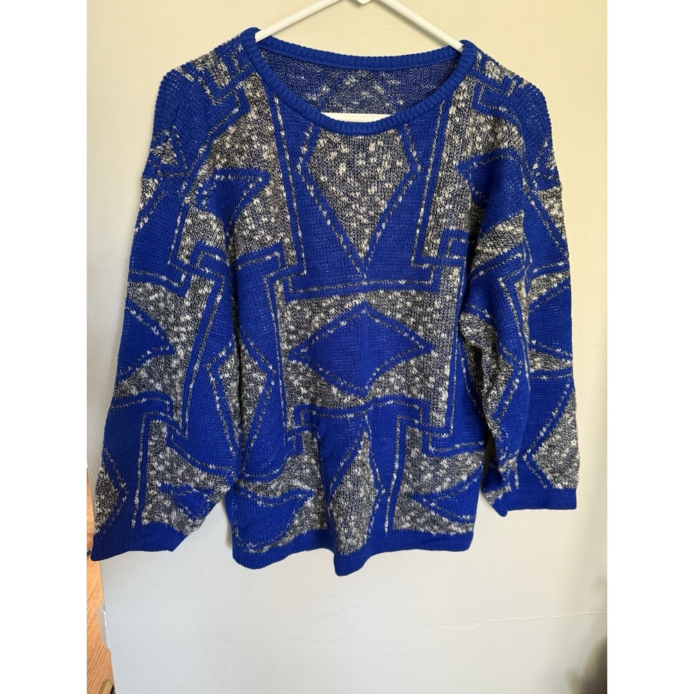 Marc Chemtob Renaissance‎ Collection Blue Geometric Women's Sweater Large USA